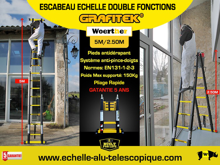 Echelle-escabeau télescopique 5m/2m50 Woerther avec double barres  stabilisatrices - Plus roulettes - Garantie 5 ans ❘ Bricoman